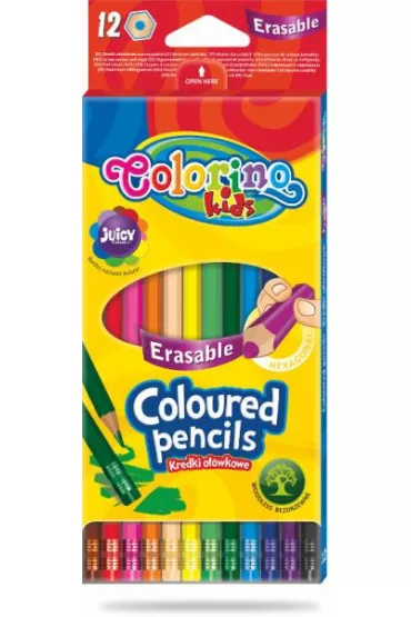 Patio Kredki o��wkowe heksagonalne wymazywalne Colorino Kids z gumk� 12 kolor�w