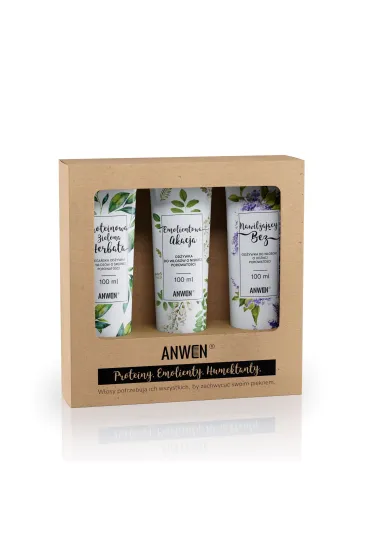 Anwen Od�ywki do w�os�w o niskiej porowato�ci zestaw Proteinowa Zielona Herbata + Emolientowa Akcja + Nawil�aj�cy Bez 3 x 100 ml