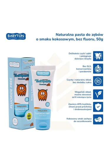 Babyton Naturalna pasta do zbw dla dzieci o smaku kokosowym bez fluoru, 6m+ 50 g