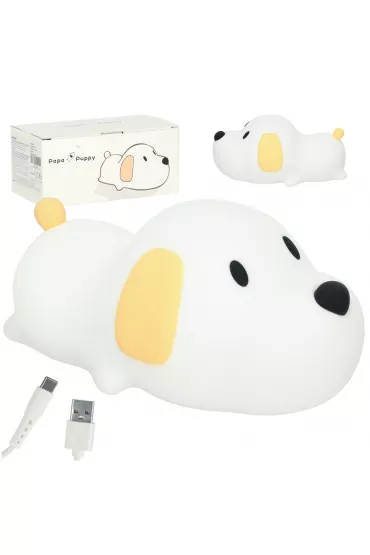 Lampka nocna dla dzieci silikonowa na baterie USB piesek lecy