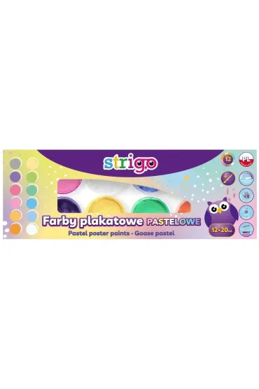Strigo Farby plakatowe pastelowe 12 kolor�w po 20 ml p�dzelek 8 x 20 ml