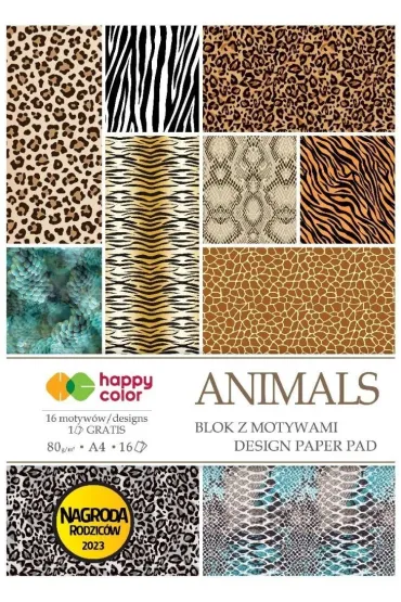 Blok z motywami ANIMALS WILD, 80g/m2, A4, 16 ark, 32 motyw, Happy Color