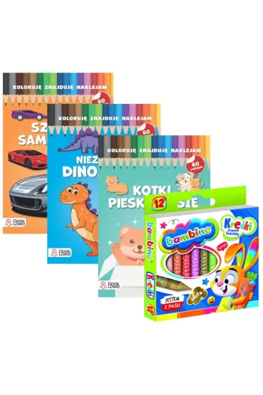 Pakiet dla przedszkolaka. Koloruj�, znajduj�, naklejam: Szybkie samochody, Niezwyk�e dinozaury, Pieski, kotki, misie + Kredki Bambino - Pakiety na nagrody