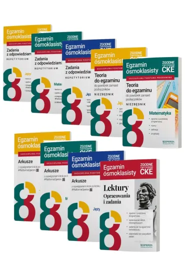 Pakiet. Egzamin �smoklasisty. Zadania z odpowiedziami. Repetytorium oraz Arkusze z rozwi�zaniami krok po kroku: J�zyk polski, Matematyka, J�zyk angielski, Niezb�dnik: J�zyk polski, Matematyka, Lektury. Opracowania i zadania