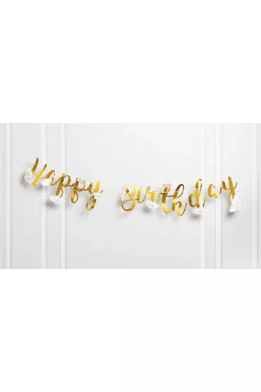 GoParty Baner Happy Birthday z kwiatami z�oty
