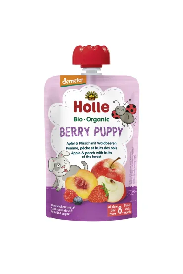 Holle Mus Jagodowy piesek (jab�ko - brzoskwinia - owoce le�ne) od 8 miesi�ca Demeter 100 g Bio