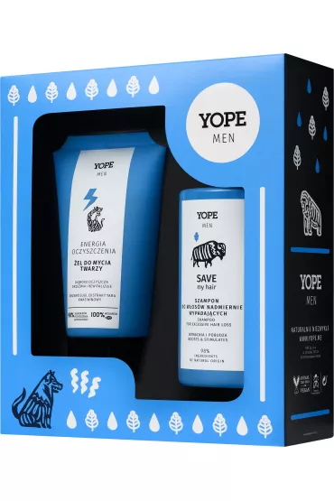 Yope Zestaw men wood el do mycia twarzy + men save my hair szampon do wosw 150 ml + 300 ml