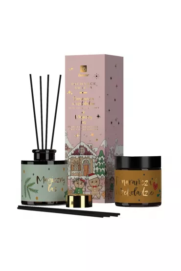 HiSkin Zestaw Pachn�ce �wi�ta dyfuzor zapachowy Pomara�cza z Cynamonem + naturalna �wieca sojowa Magiczny Las 2 szt.