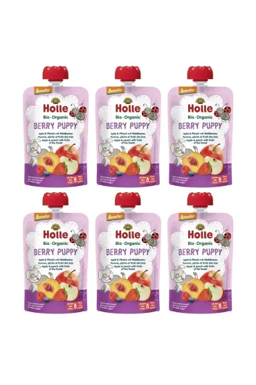 Holle Mus Jagodowy piesek (jab�ko - brzoskwinia - owoce le�ne) od 8 miesi�ca Demeter zestaw 6 x 100 g Bio