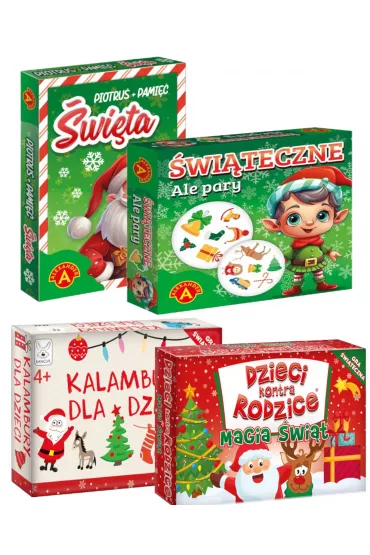 Zestaw gier �wi�tecznych: Piotru� i Pami�� �wi�ta, Ale Pary �wi�teczne, Dzieci kontra Rodzice. Magia �wi�t, Kalambury dla dzieci. Gra �wi�teczna