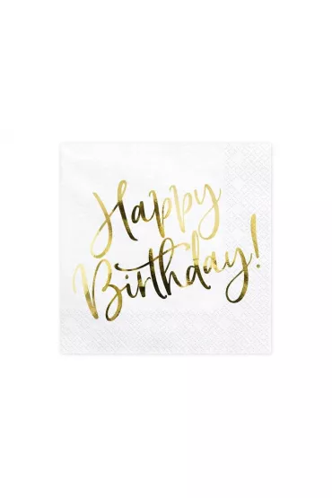 PartyDeco Serwetki Happy Birthday bia�e 33x33 cm
