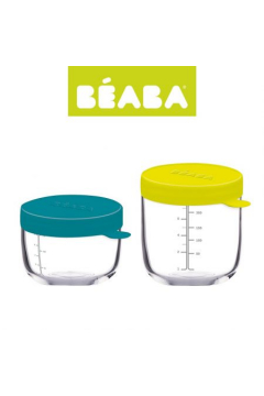 Beaba Zestaw pojemnikw soiczkw szklanych z hermetycznym zamkniciem blue i neon 150 + 250 ml 2 szt.