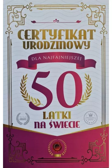 Yeku Karnet Certyfikat Urodzinowy 50 urodziny damskie
