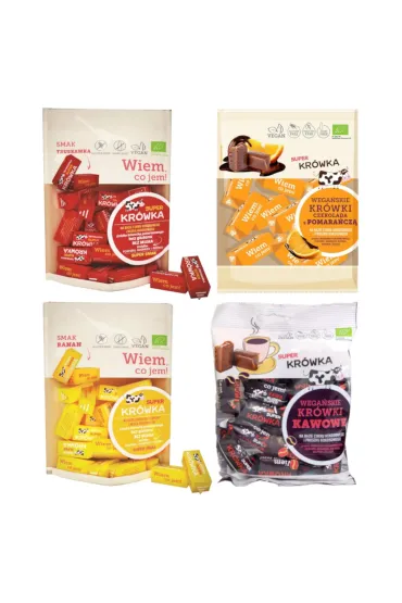Super Kr�wka Zestaw Kr�wki bezmleczne: truskawkowe, bananowe, czekolada z pomara�cz�, kawowe 4 x 150 g Bio