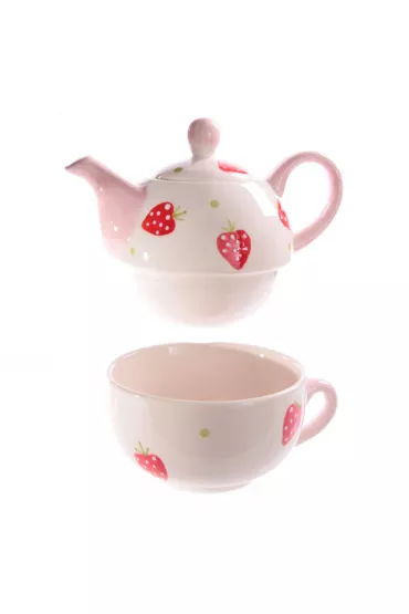 Ceramiczny dzbanek do herbaty z kubkiem z namalowanymi truskawka