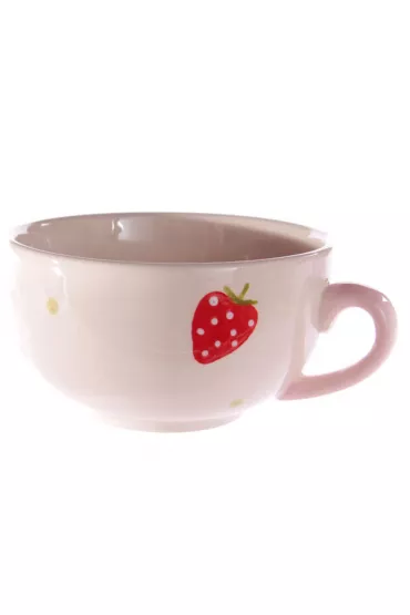 Ceramiczny dzbanek do herbaty z kubkiem z namalowanymi truskawka