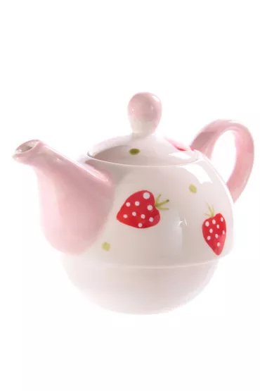 Ceramiczny dzbanek do herbaty z kubkiem z namalowanymi truskawka