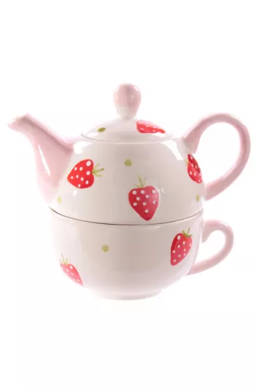 Ceramiczny dzbanek do herbaty z kubkiem z namalowanymi truskawka