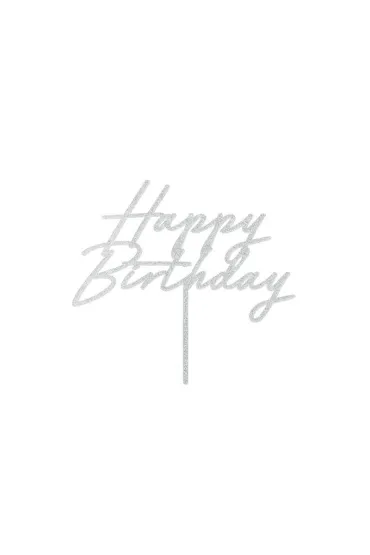 PartyDeco Topper na tort Happy Birthday srebrny 18x16,5cm