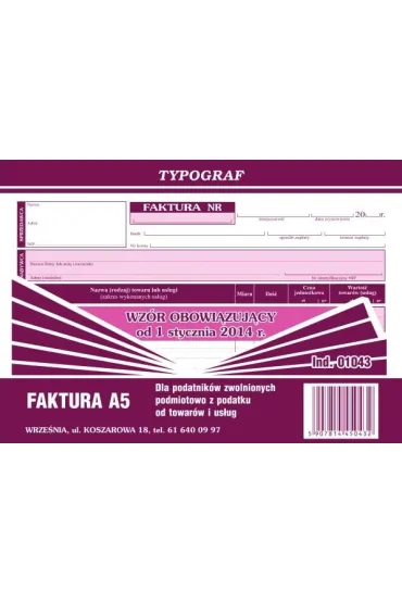 Faktura A5 poziom (s) dla podatnik�w zwolnionych podmiotowo z podatku od towaru