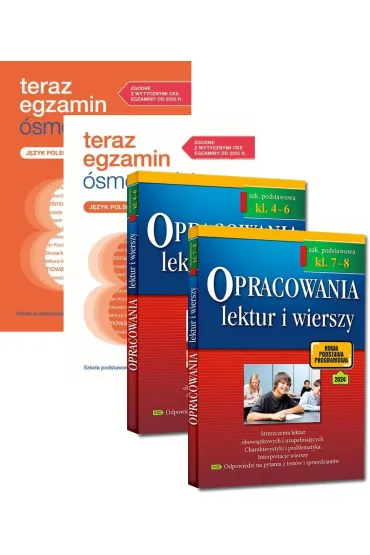 Pakiet: Teraz egzamin �smoklasisty. Repetytorium i Arkusze, Egzamin �smoklasisty. Lektury. Opracowania i zadania, Opracowania lektur i wierszy. Szko�a podstawowa. Zgodne z now� podstaw� programow�. Klasy 4-6 oraz Klasy 7 i 8