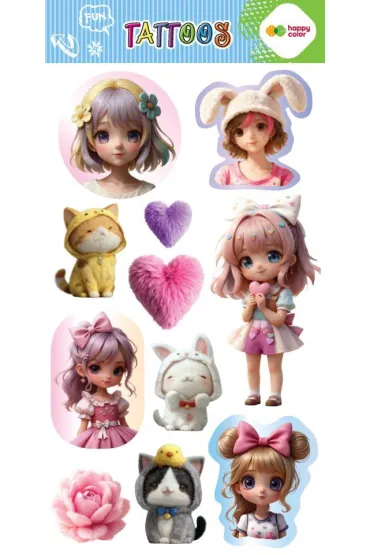 Tatua�e zmywalne Kawaii Girls HAPPY COLOR