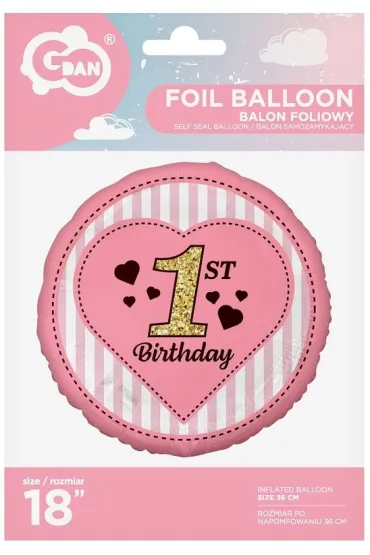 Godan Balon foliowy 1st Birthday r�owy 45cm