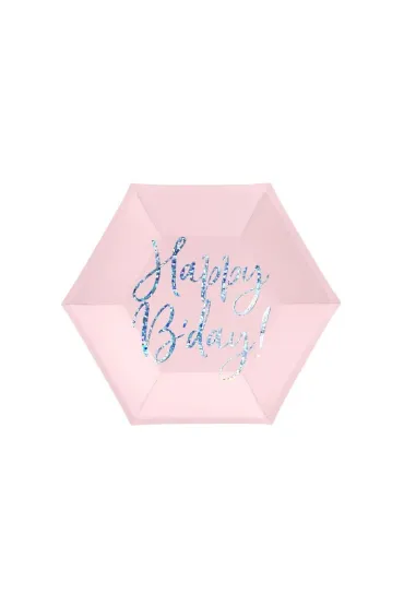 PartyDeco Talerzyki Happy B'day! jasny pudrowy r� 20cm 6 szt
