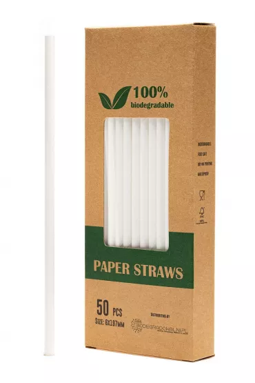 Biodegradowalni Naturalne papierowe s�omki do napoj�w bia�e 19,7 x 0,6 cm 50 szt.