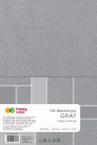 Happy Color Filc dekoracyjny, 20x30 cm, 1,5 mm, 10 arkuszy, szary 10 szt.