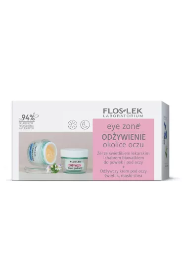 Floslek Zestaw Eye Zone �el ze �wietlikiem lekarskim i chabrem b�awatkiem do powiek i pod oczy + od�ywczy krem pod oczy �wietlik, mas�o shea 10 g + 15 ml