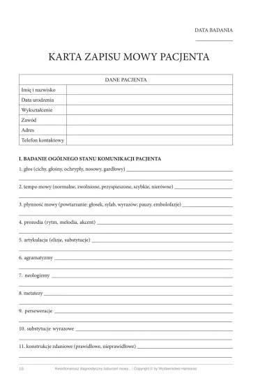 Kwestionariusz diagnostyczny zaburze� mowy ze szczeg�lnym uwzgl�dnieniem afazji i dysartrii dla m�odzie�y i doros�ych Materia�y do badania i arkusz diagnostyczny - Iwona Tomasik, Katarzyna Sz�apa, S�awomir  Wrzesi�ski�