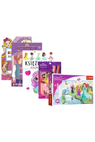 Pakiet Ksi�niczki: Koloruj� ksi�niczki, Ksi�niczki. Bal na sto par, Ksi�niczki. Kolorowanka, Puzzle 60 el. Poznaj Ksi�niczki, Zestaw kosmetyk�w Disney Princess - Pakiety na nagrody