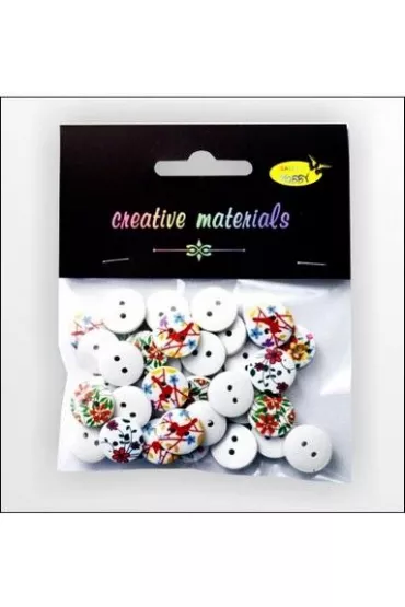 Galeria Hobby Guziki drewniane nadruk kwiaty bia�e 15mm