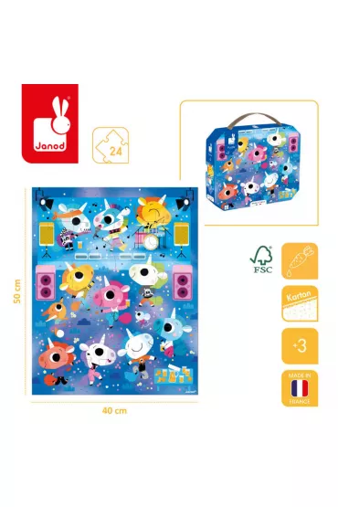 Puzzle 24 el. Jednoro�ce na koncercie rockowym w walizce Janod