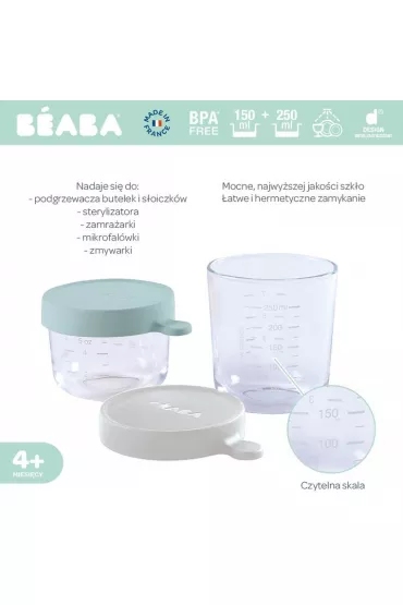 Beaba Zestaw pojemnikw soiczkw szklanych z hermetycznym zamkniciem Airy Green i Light Mist 150 ml + 250 ml