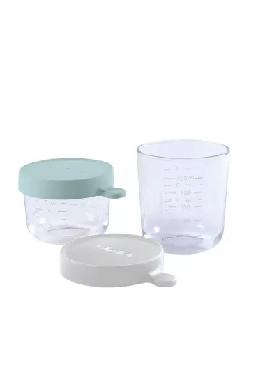 Beaba Zestaw pojemnikw soiczkw szklanych z hermetycznym zamkniciem Airy Green i Light Mist 150 ml + 250 ml