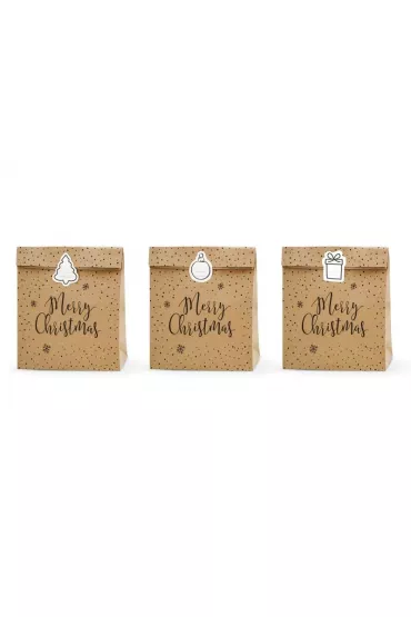 PartyDeco Torebki na prezenty Merry Christmas, kraft, 25x11x27cm: 1op./3szt.
