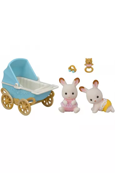 Sylvanian Bli�niaki kr�lik�w z czekoladowymi uszami z w�zkiem dzieci�cym