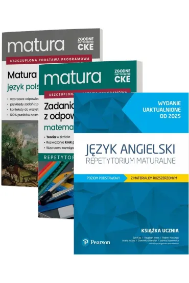 Pakiet Matura 2026: J�zyk polski. Matura ustna, Matematyka. Zadania maturalne z odpowiedziami. Repetytorium. Zakres podstawowy, J�zyk angielski. Repetytorium maturalne. Poziom podstawowy z materia�em rozszerzonym