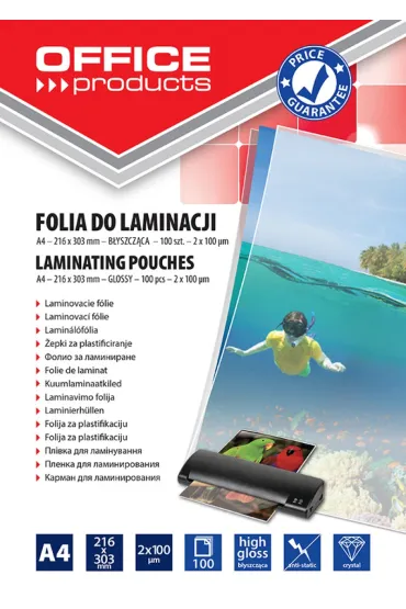 Folia do laminowania A4 Office Products  2x100mikr b�yszcz�ca 100szt. transparentna
