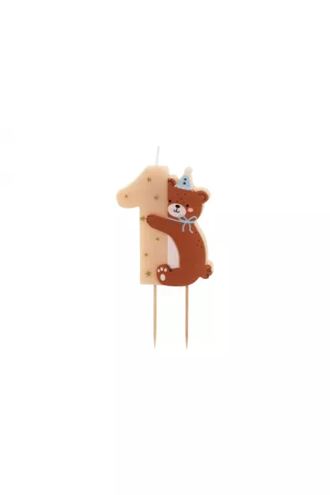 PartyDeco �wieczka urodzinowa Cyferka 1 z misiem, mix, 7 cm  1 op. / 1 szt.
