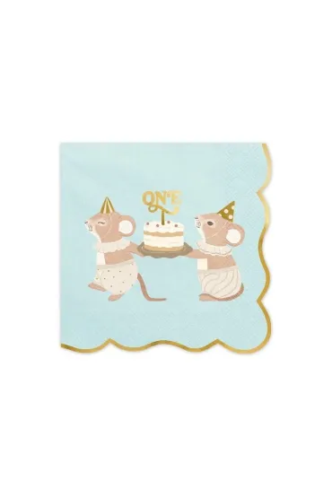 PartyDeco Serwetki One Myszki niebieski 33x33cm 12 szt