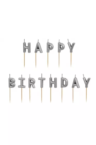 PartyDeco �wieczki urodzinowe Happy Birthday srebrny 13 szt