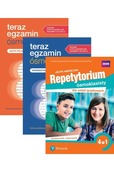Pakiet. Teraz egzamin �smoklasisty. Repetytorium: J�zyk polski i Matematyka, Repetytorium �smoklasisty dla szk� j�zykowych. J�zyk angielski. 4 w 1. Podr�cznik i �wiczenia