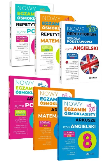 Pakiet Nowy Egzamin �smoklasisty. Repetytorium: J�zyk polski oraz Matematyka, Nowe Repetytorium. Szko�a podstawowa. J�zyk angielski, Nowy Egzamin �smoklasisty. Arkusze: J�zyk polski, Matematyka, J�zyk angielski