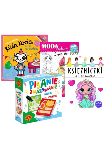 Pakiet Kicia Kocia idzie na urodziny, Ksi�niczki - kolorowanka, Pisanie-zmazywanie. Literki, cyferki, Super styl. Moda i naklejki