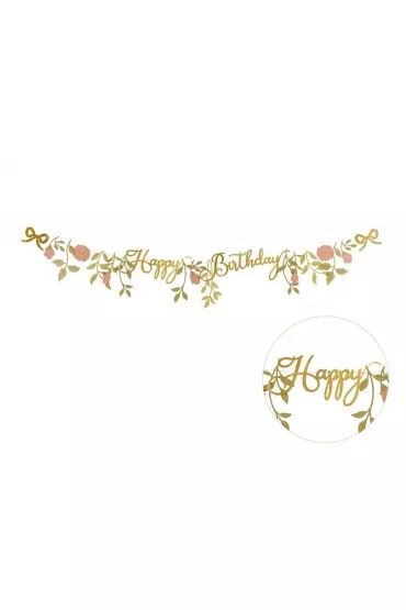 PartyDeco Baner Happy Birthday kwiaty r�owo z�ote 1.3m