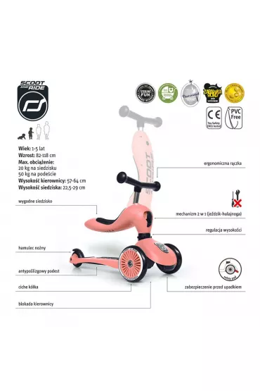 Highwaykick 1 2w1 Jedzik i hulajnoga trjkoowa 1-5 lat Peach Scootandride