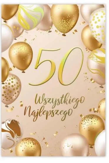 Karnet B6 50 Urodziny z�ote i be�owe balony